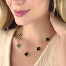 Kit Colar + Pulseira Virginia Trevo Sorte Folheado Ouro 18K Jóia Feminino Preto