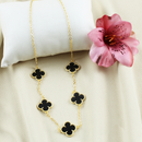 Kit Colar + Pulseira Virginia Trevo Sorte Folheado Ouro 18K Jóia Feminino Preto