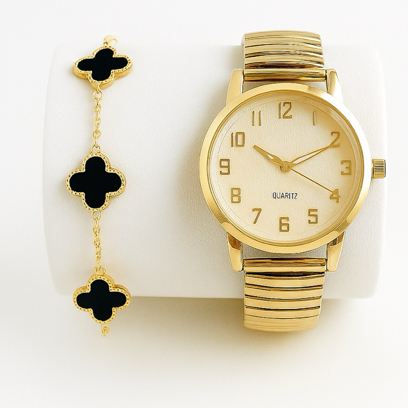 Relogio e pulseira inspiração trevo laminado dourado ou prata