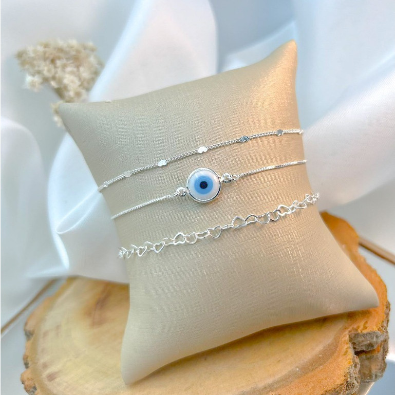 KIT 3 Pulseiras Feminina (Olho Grego + Pulseira Riviera Cristal Zircônia + Pulseira Com Coração) banhado a prata 925