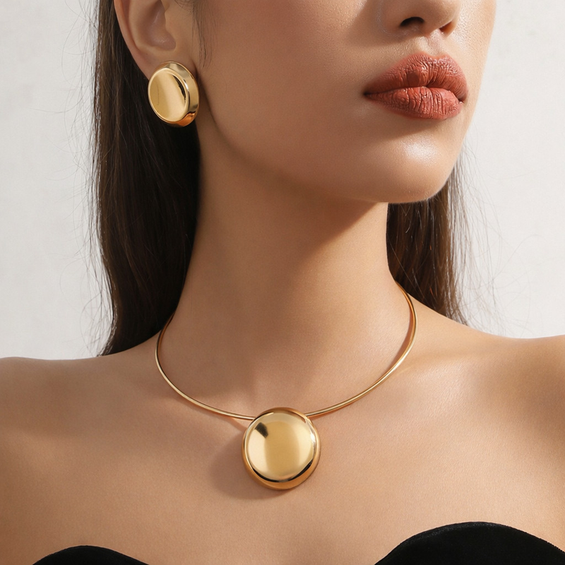 Conjunto Gargantilha Choker + Brinco Maxi Redondo Femininos Banhados a Ouro 18K Prata 925 Design Minimalista Elegante